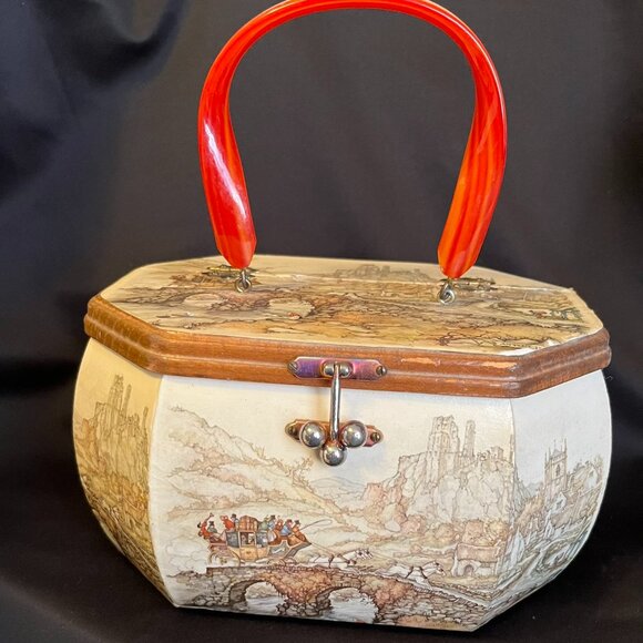 Anton Pieck Handbags - Vintage 70's Anton Pieck Castle Scene Wooden Handbag — Octagonal, Lucite Handle